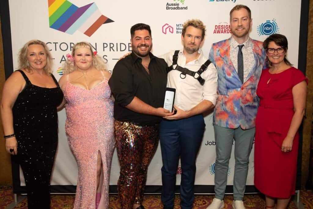 (L-R) Globe Marketing & Comms Director Jen Elmer, Jobsbank CEO Karina Davis with the Wimmera Pride Project team - Maddi Ostapiw ,Loucas Vettos, Patrick Quaine and Scott Robinson, at the Victorian Globe Awards.